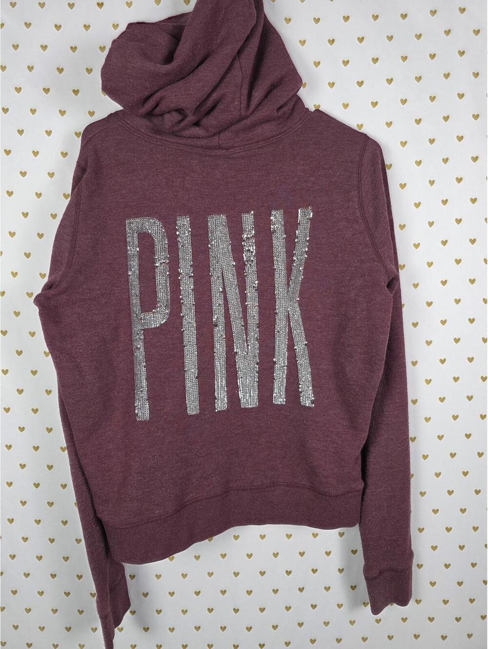 Victorias Secret Pink BLING Sequined Logo Jacket Maroon Full Zip Dog Logo Hoodie